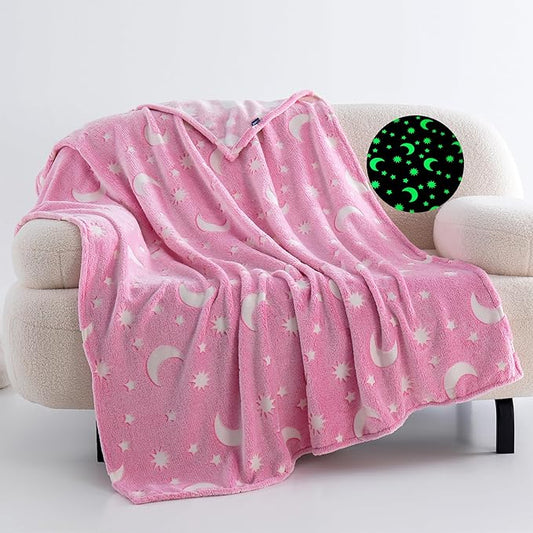QSTEHEML Pink Moon Glow in The Dark Blanket,Star Gifts Toys for Kids Girls Birthday Christmas Bedroom Decor for Age 3-12 Years Old Toddler Teens Child Daughter Soft Luminous Blanket，50"×60"