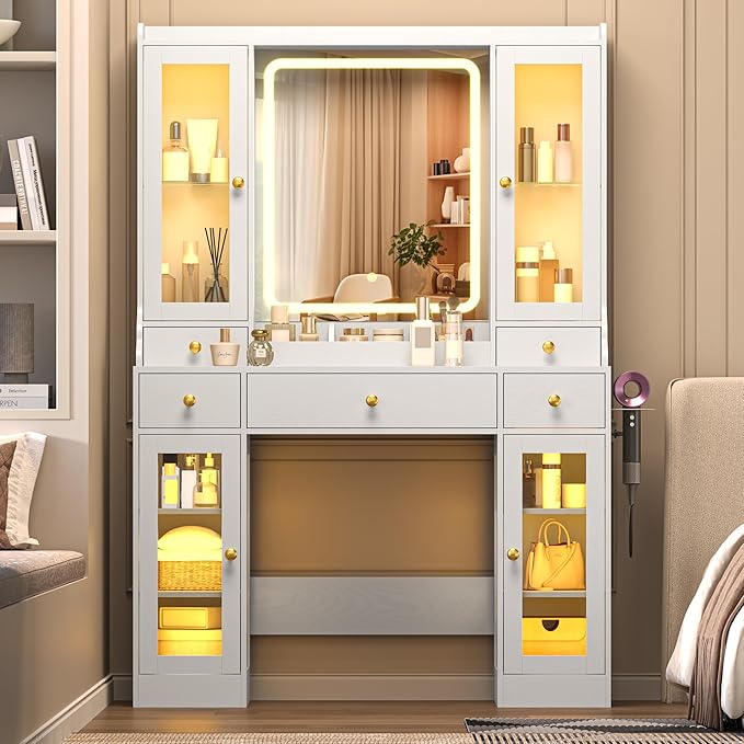Makeup Vanity Desk with Mirror and Lights, 41" White Vanity Set with 5 Drawers & 4 Glass Cabinets, Power Outlet & Adjustable LED Lights, Dressing Table for Women & Girls Bedroom
