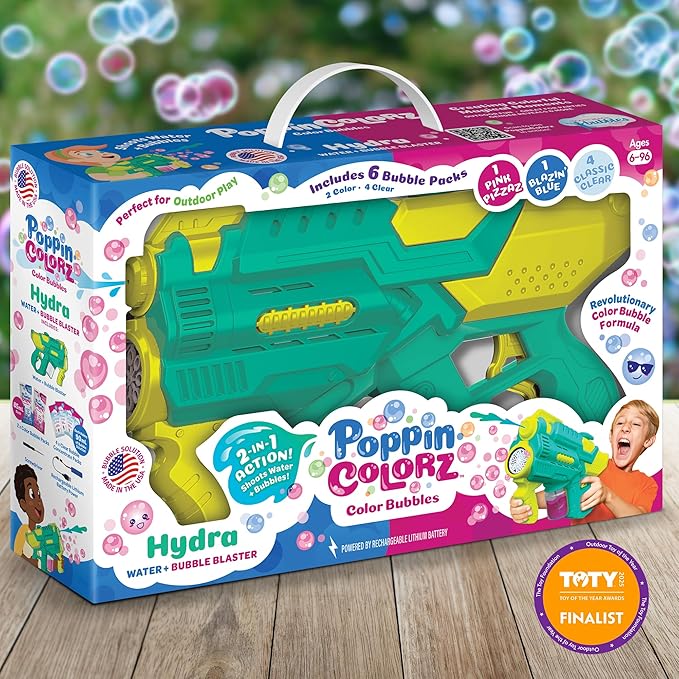 PoppinColorz Hydra Rechargeable 2-in-1 Color Bubbles Blaster & Water Gun:2025 Toy of The Year Winner. 2X Color Bubble Liquid & 4X Clear No-Spill. Bubble Solutions for Toddlers. Bubbles Made in USA