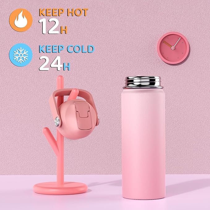 18oz Kids Insulated Water Bottle with Straw Lid - 18/8 Stainless Steel Kid Cup Travel Tumbler Double Wall Vacuum Leak Proof Portable Toddler Water Bottle (Pink+Purple）