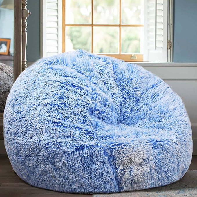 Fluffy Bean Bag Chair for Kids, 2.5FT Round Memory Foam Filled Bean Bag for Teens & Kids, Ultra Soft Faux Fur Fabric Bean Bag Chairs for Playroom, Living Room, Bedroom, Blue