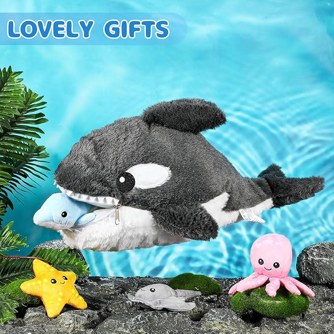 Syhood 5 Pieces Sea Stuffed Animals Plush Set Include 1 Large Whale Plush Doll with Small Starfish Dolphin Octopus Ray Stuffed Toy for Huggable Sleeping Holiday Birthday Gifts