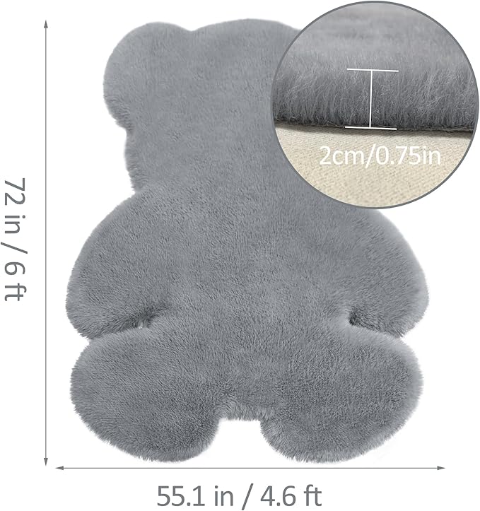 4.6x6 ft Grey Bear Soft Fluffy Large Rug, Shaggy Faux Sheepskin Fur Rug Fuzzy Shag Area Rug Cute Plush Carpet for Nursery Kids Girls Bedroom Room Aesthetic Living Room Floor Home Decor, Grey