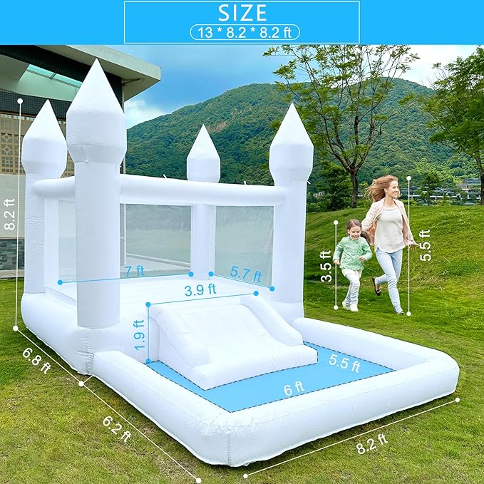 Inflatable White Bounce House Professional Jumping Bouncy Castle Bouncer for Wedding Party with Carrying Bag Repair kit (Premium 840D Oxford Cloth 13 * 8.2 * 8.2 ft)