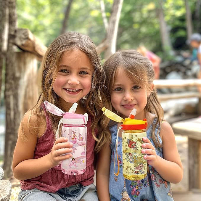 Kids Water Bottle for School or Travel, 20 Oz 2 Pack Durable Plastic Water Bottle with Silicone Straw and Pop-Up Spout Cover, BPA Free & Dishwasher Safe(Mermaid & Princess)