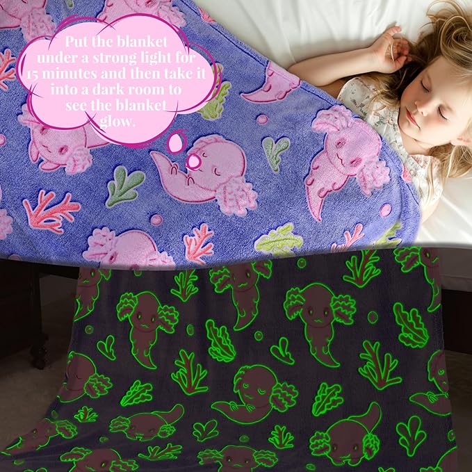 Axolotl Blanket Twin Size Glow in The Dark - Gifts for Teen Girls Boys & Axolotl Lovers - Soft & Cozy Microfiber Salamander Fleece Bedding, Decor for Couch, Sofa, Dorm Room & Bed 60"x80"