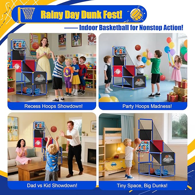 Adjustable Basketball Hoop for Kids Toddler Ages 3-8, Side-Mount & Top-Mount, Indoor Outdoor Carnival Games Competitions, Gift Boys & Girls Beg for, Rain or Shine, The Game Never Stops