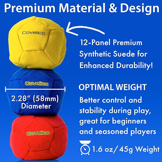 Footbag Hacky Set of 3 for Kids, Teens & Adults. Yellow, Blue & Red Sack - Each 2.28 inch, 1.6oz, Durable Dual Layered Synthetic Suede, Instructions & Stylish Bag, Solo or Group Footbag Game