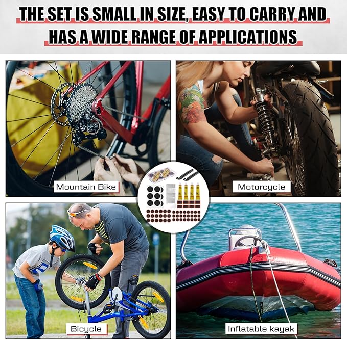Tallew 72 Pcs Bike Tire Repair Kit with 50 Pcs Vulcanizing Patches, 12 Pcs Pre Glued Patches, 4 Pcs Vulcanizing Fluid, 4 Pcs Metal Rasp and 2 Pcs Plastic Levers for Cycling Motorcycle Bicycle