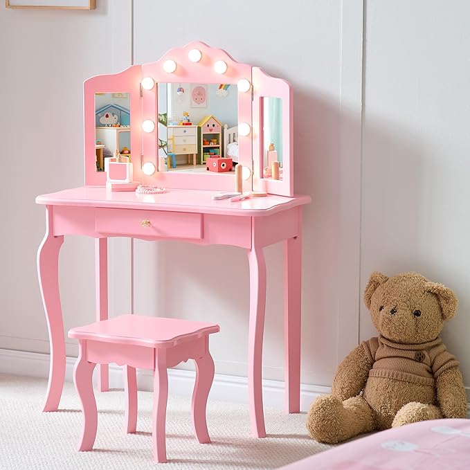 Kids Vanity with Lights, Princess Makeup Vanity Desk with Mirror and Stool, 2 in 1 Wooden Toddler Vanity Table & Chair Set for Little Girls