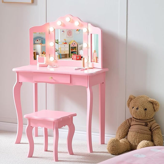 Kids Vanity with Lights, Princess Makeup Vanity Desk with Mirror and Stool, 2 in 1 Wooden Toddler Vanity Table & Chair Set for Little Girls
