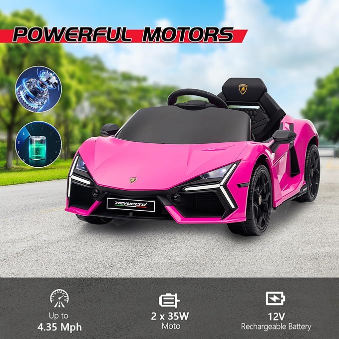 Winado 12V Ride on Car, Licensed Lamborghini Revuelto Electric Car for Toddlers W/Remote Control, Battery Car for Kids with Bluetooth, Hydraulic Doors, 3 Speeds, LED Lights, Music (Pink)