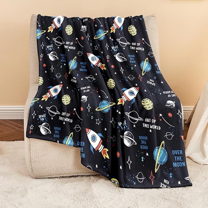 Wajade Toddler Fleece Space Blanket for Boys Kids 3D Rocket Planets Soft Throw Blanket Birthday Christmas Halloween Space Decor for Children 60"x80"