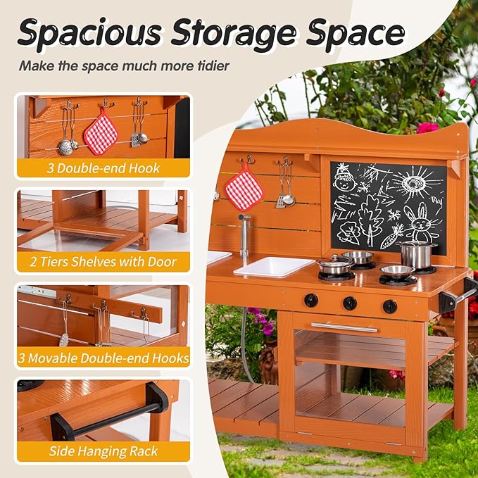Kitchen Playset for Kids, Outdoor Wooden Mud Kitchen Set w/2 Removable Sinks & Spray Pipe, Backyard Garden Toddler Pretend Play Kitchen w/Blackboard, Kitchenware, Stove, Gift for Boys Girls