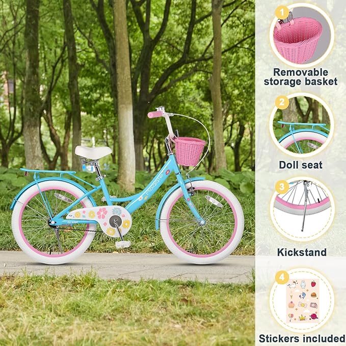 Glerc Maggie Girls Bike, 12-20 Inch Kids Bike for 2-13 Years Old Children, Princess Style Kids Bicycle with Doll-Seat & Basket & Training Wheels, Multiple Colors