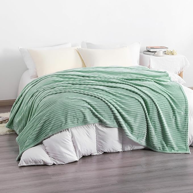 NTBAY Plush Flannel Twin Bed Blanket, 60x80 Inches Soft and Warm Lightweight Bed Blanket with Striped Texture for Couch, Sofa, All Seasons, Mint
