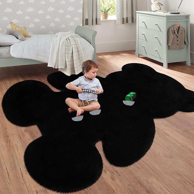 6x8 ft Bear Black Shag Large Rug, Soft Fluffy Faux Sheepskin Fur Rug Fuzzy Shaggy Area Rug Cute Plush Carpet for Nursery Kids Girls Bedroom Room Aesthetic Living Room Floor Home Decor, Black