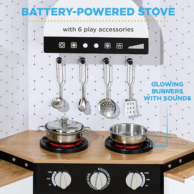 Best Choice Products Pretend Play Corner Kitchen, Ultimate Interactive Wooden Kids Playset w/Lights & Sounds, Ice Maker, Hood - Black