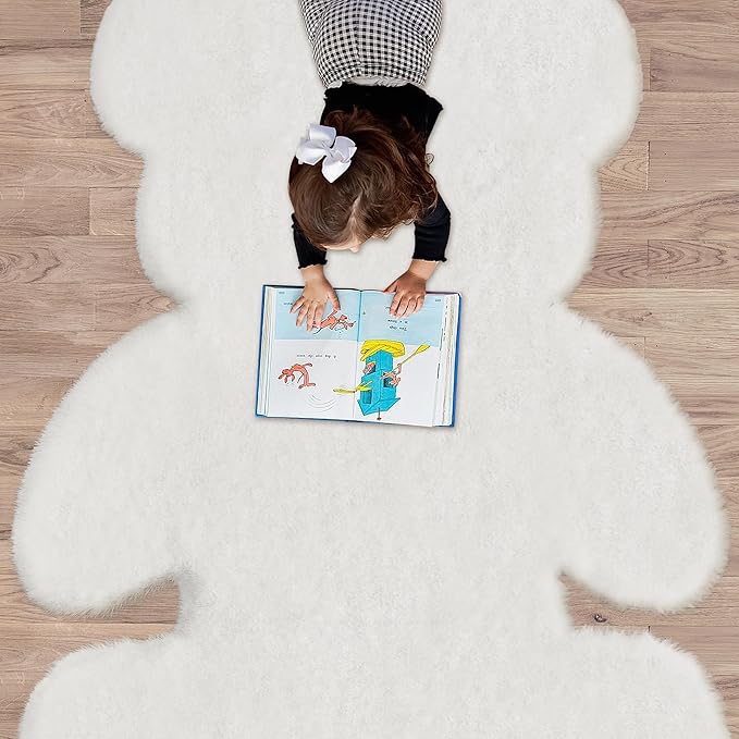 4.6x6 ft White Bear Soft Fluffy Large Rug, Shaggy Faux Sheepskin Fur Rug Fuzzy Shag Area Rug Cute Plush Carpet for Nursery Kids Girls Bedroom Room Aesthetic Living Room Floor Home Decor, White