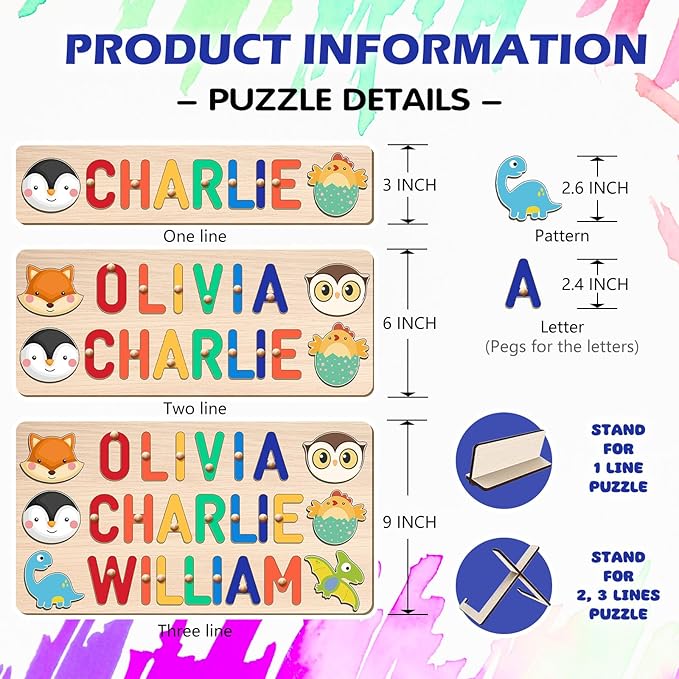 Baosity Personalized Name Puzzles for Toddlers 1-3, Custom Name Puzzle for Kids, Early Learning Toys for Baby Boy Girl, Wooden Toddler Puzzles, Personalized Gifts for Birthday Christmas Baby Shower