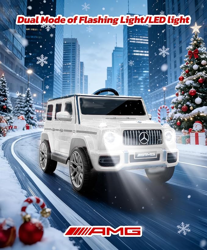 ELEMARA Licensed Mercedes-Benz AMG G63 Ride on Toys,Electric Car for Kids W/Parents Control,Electric Powered A Wagon Ride On Truck Toy,Spring Suspension,Bluetooth,Flickering Lights/LED Lights, White