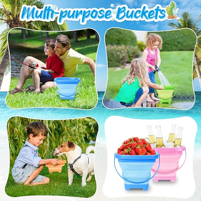 4 Packs Foldable Beach Buckets Set, Collapsible Bucket with Sand Shovels and Mesh Bag for Kids Toddlers Beach Toys, Silicone Sand Pails, Easter Egg Hunt, Camping, Travelling and Fishing Water Pail