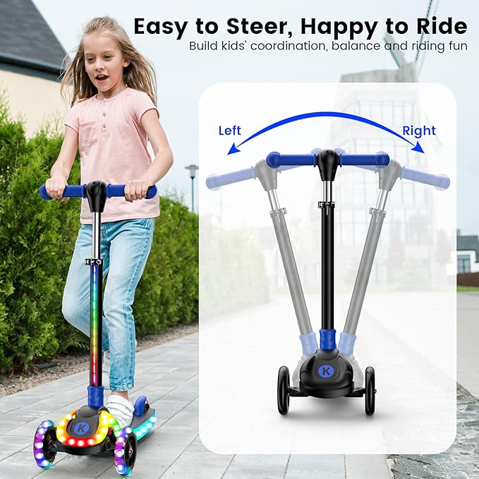 2-in-1 Adjustable Kick Scooter for Kids 3-5 (Suitable 3-12 Years),5-Level Handlebar & Removable Seat, LED Light-Up Wheels, Wide Deck, Foldable Design for Indoor/Outdoor Use - Girls & Boys