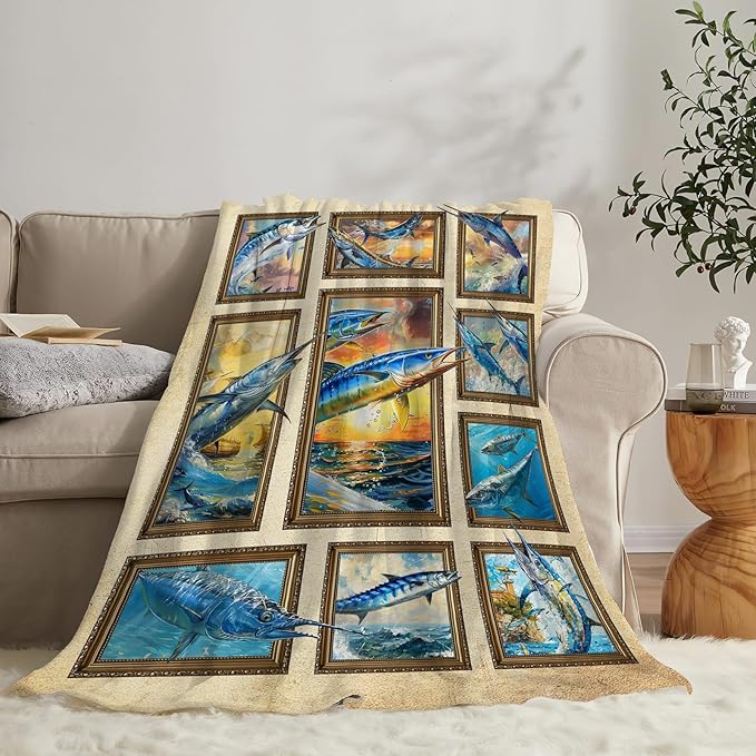 Fishing Blanket Fish Throw Blanket Cozy Plush Fleece Flannel Fishing Lover Gifts Blankets for Girls Boys Women Men 60"X50"