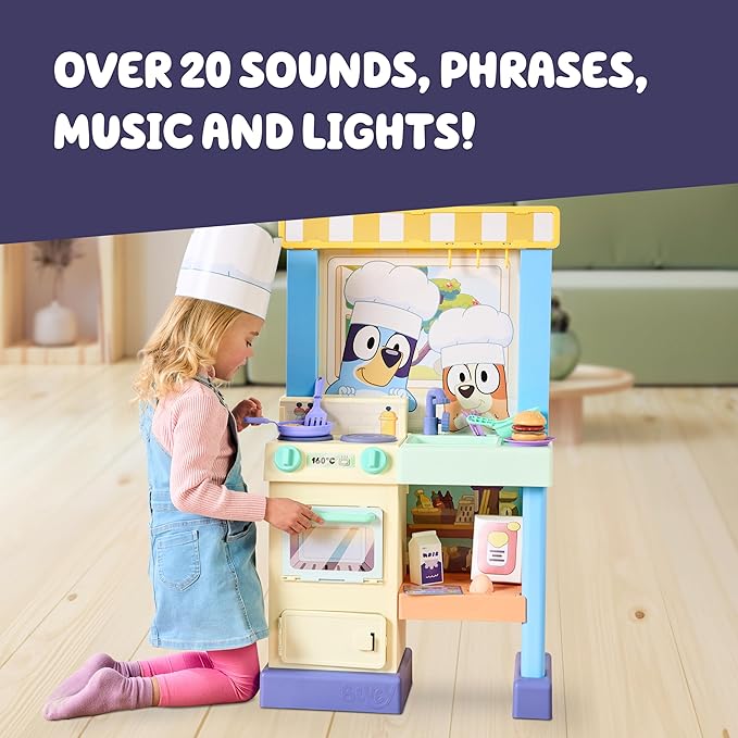 Bluey Kitchen Play Set for Kids Ages 4-8, 3ft Tall Pretend Kitchen Playset Stove, Sink, Oven & 20+ Accessories Chef Hat, Kid Play Kitchen