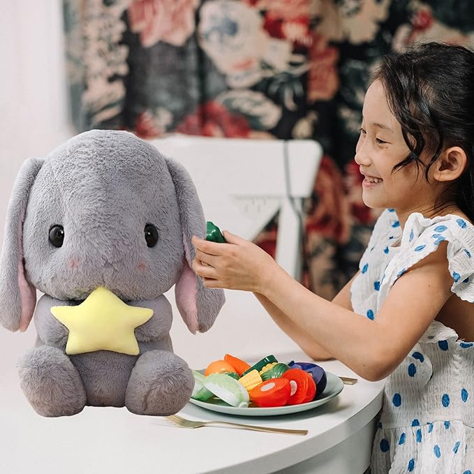 HOUPU Soft Toy - Sitting Lop Eared Rabbit, Easter White Rabbit Stuffed Bunny Animal with Carrot Soft Lovely Realistic Long-Eared Standing Pink Plush Toys (Gray-Star,12.5in/32cm)