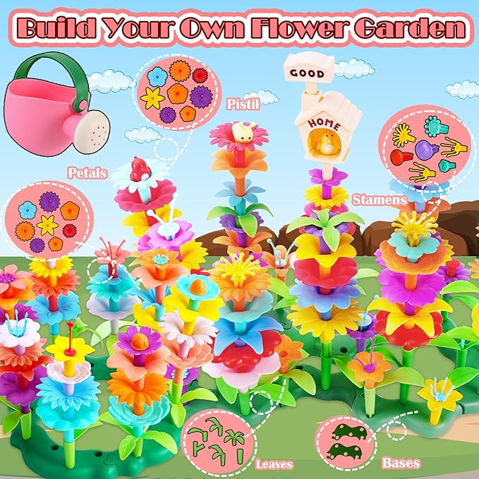 FUNZBO 138pcs Flower Garden Building Set - Christmas Spring Toys for 3 4 5 6 7 Years Old Girl, Sorting & Stacking Building Block, STEM Montessori Educational Toy for Kid Toddler Birthday Gift