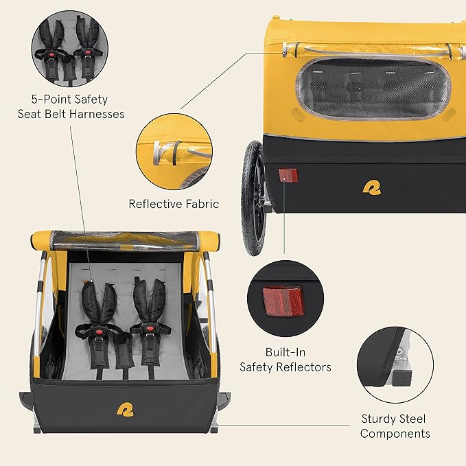Single & Double Passenger Children’s Foldable/Collapsible Tow Behind Bike Trailer with 16" Wheels, Safety Reflectors & Rear Storage Compartment