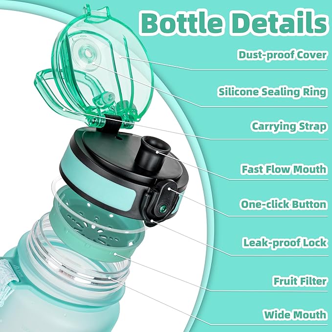 OLDLEY 32 oz Water Bottle, Motivational Water Bottle with Time Marker, Sports Water Bottle With Strap, Leakproof & BPA Free Large Water Bottles for School, Gym, Travel, Outdoor, Tritan,Green&Pink