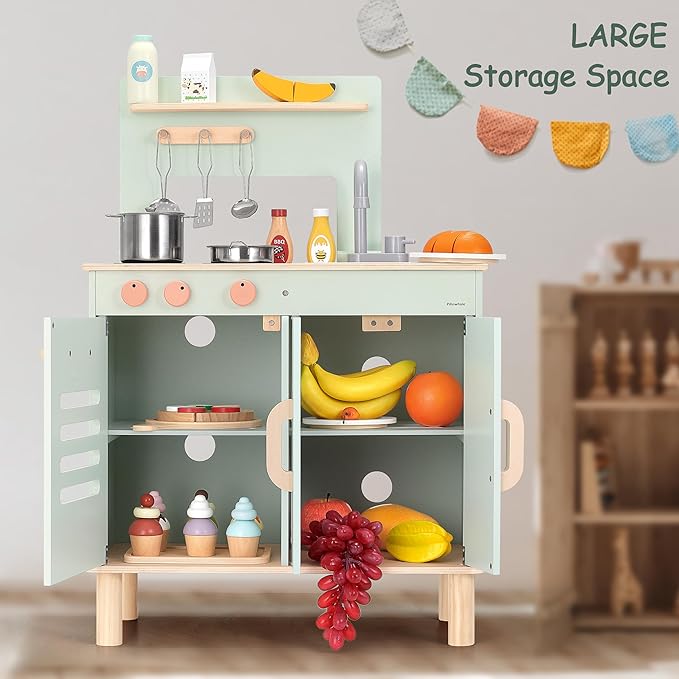 Wooden Play Kitchen Set, Mint Green Stove & Sink with 5 Stainless Steel Tools, Click Knobs, Storage Cabinets, Montessori Toy for Toddlers 3+