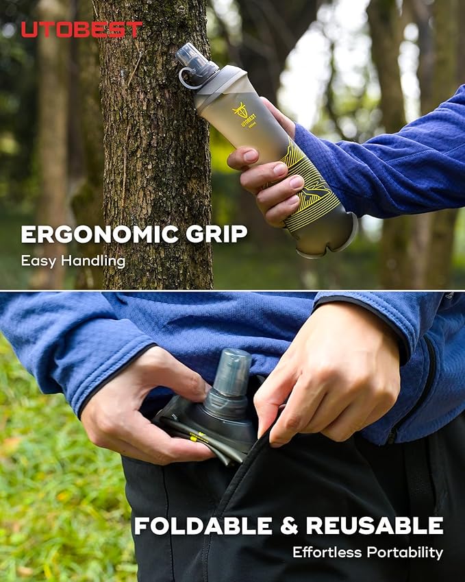 UTOBEST 500ml Soft Flask, 2 Pack Flexible TPU Hydration Water Bottle, Collapsible with 28mm Caliber for Running, Hiking, Cycling, Climbing, and Marathon Yellow