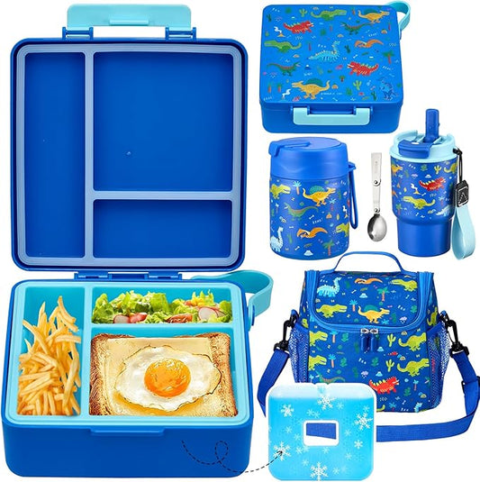 Lunch Box Set with Bento Box Container, 17OZ Stainless Steel Food Soup Thermo, Kids Water Bottle & Portable Insulated Lunch Bag, Leakproof, Hot/Cold Retention for School, Travel (Dinasour)