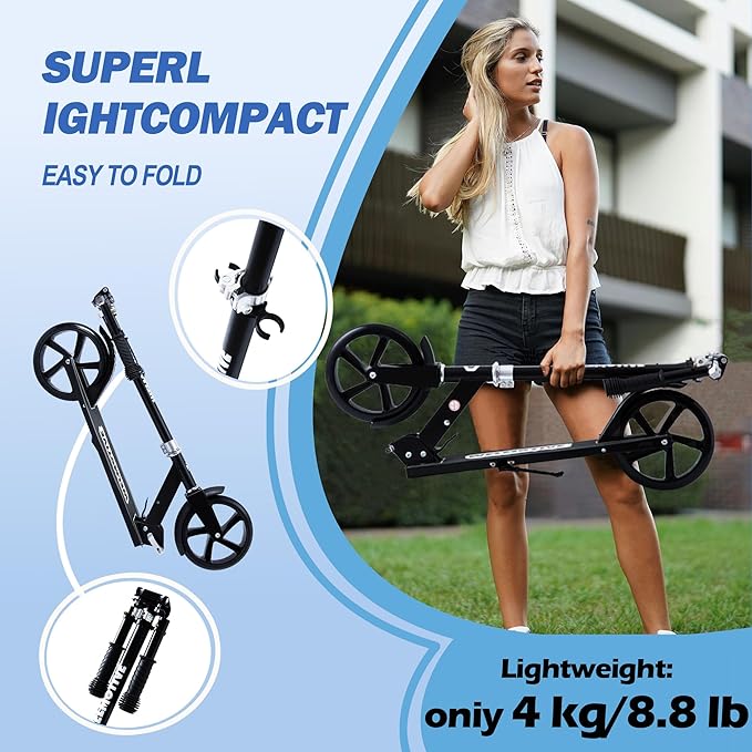 Kick Scooter for Kids Ages 6+, Teens & Adults, Adjustable Handlebars, Rear Brake, Big Wheel Foldable Scooter for Indoor & Outdoor