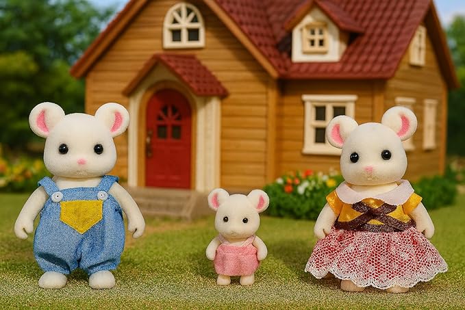 Family White Mouse Figures — Set of 3 Collectible Flocked Mini Dolls with Removable Clothes, Miniature Dollhouse Pretend Play Figures for Kids Ages 3+