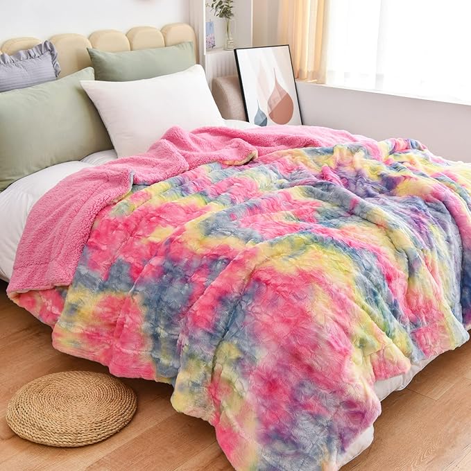NEWCOSPLAY Super Soft Faux Fur Blanket Queen Size Dark Rainbow Sherpa Fuzzy Plush Warm Blanket for Sofa Bed (Dark Rainbow, Queen(90"x90"))