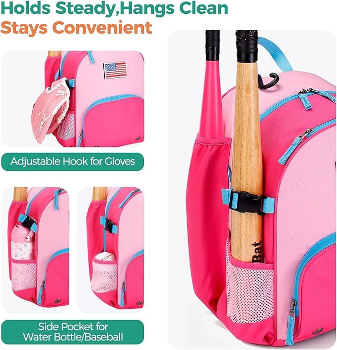 Choco Mocha Kids Baseball Bag, Large Youth Baseball Backpack Softball Bag for Girls T-Ball with Bat Holder