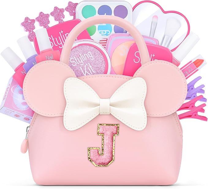 Pretend Makeup Kit for Toddlers Kids- 21Pcs Make Up Toys with Initial Toddler Purse - Birthday Gifts for 3 4 5 Years Old Girls Vanity Set Christmas Birthday Gift Pink J
