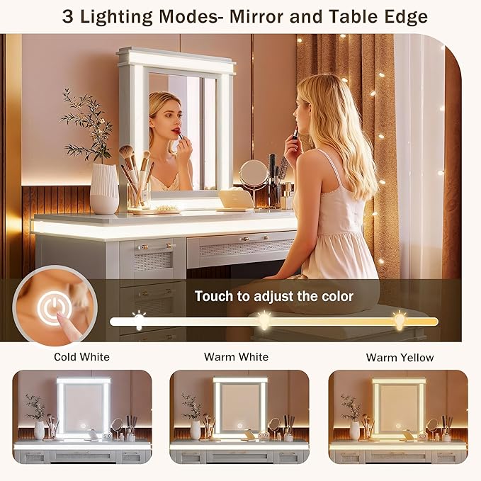 LUMISOL Makeup Vanity Desk with Mirror and Lights, 3 Lighting Modes, 48" Vanity Table with 7 Bamboo Weave Drawers, Dressing Table Set with Cushioned Stool, Grayish Blue