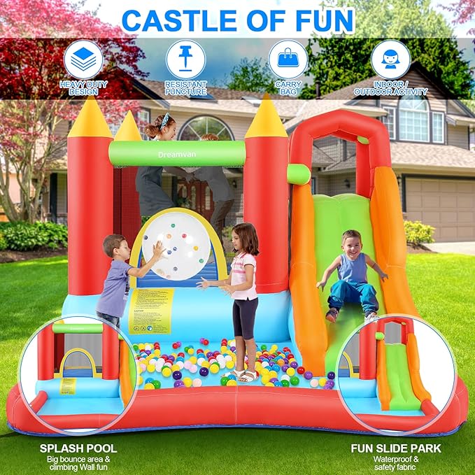 Bounce House,Inflatable Bounce Castle with Blower for Kids 3-12,Outdoor/Indoor Bouncy House Water Park for Backyard with Splash Slide,Climbing Wall,Ball Pit,Jumping Area (146" x 103" x 73")