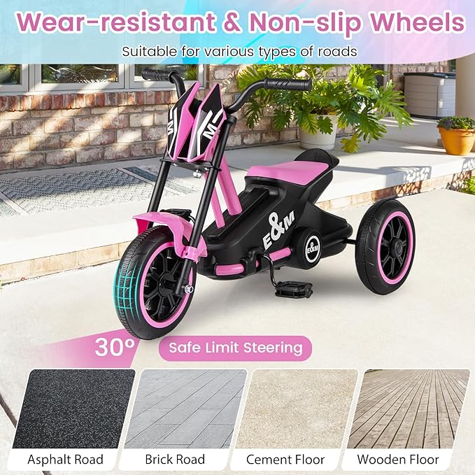 BABY JOY Kids Tricycle, 3-Wheel Toddler Bike with Foot Pedals, Forward/Backward, Toddler Tricycle Ride on Trike with Steering Handlebars, Toy Gift for Boys Girls Aged 3+ (Pink)