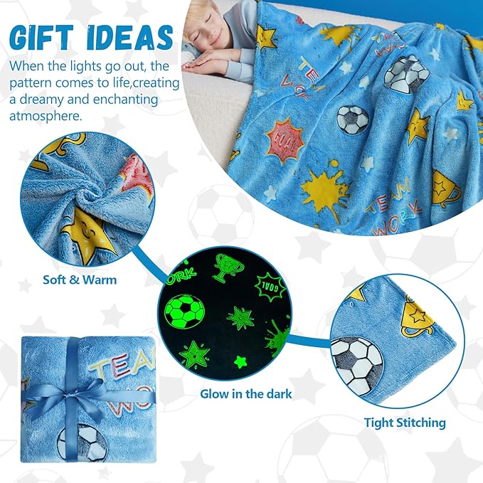 Glow in The Dark Soccer Blanket,Football Gifts Toys for Boys Kids, Birthday Presents Decor for Kids Age 3-14 Year Old Son Teen Child Toddler Luminous Christmas Bedroom Throw Blanket 50"x60"