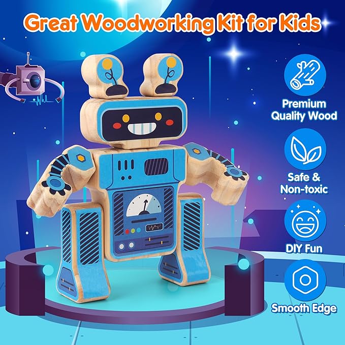 Mocoosy Wooden Robot Painting Art and Craft Kit for Kids Ages 3-5, Build & Decorate Your Own Robots with Paint & Stickers, Wood Robot STEM Game Montessoi Toys Educational Gift for Boys Girls