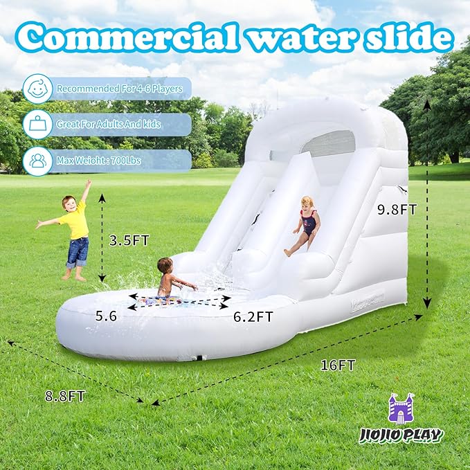 16FT White Inflatable Water Slide 100% Thickened PVC Swimming Pool Tool Heavy-Duty Outdoor Swimming Pool Party Entertainment Equipment with Slide and Reservoir (Equipped with Air Pump and Water Pipe)