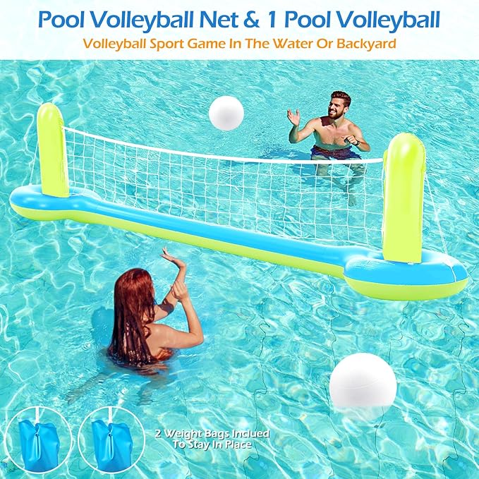 Jasonwell Pool Toys Games Set - 3 in 1 Pool Volleyball Net Basketball Hoop Ring Toss Game Inflatable Floats Water Floating Volleyball Swimming Pools Party Game Accessories Toy Gift Kids Teens Adults