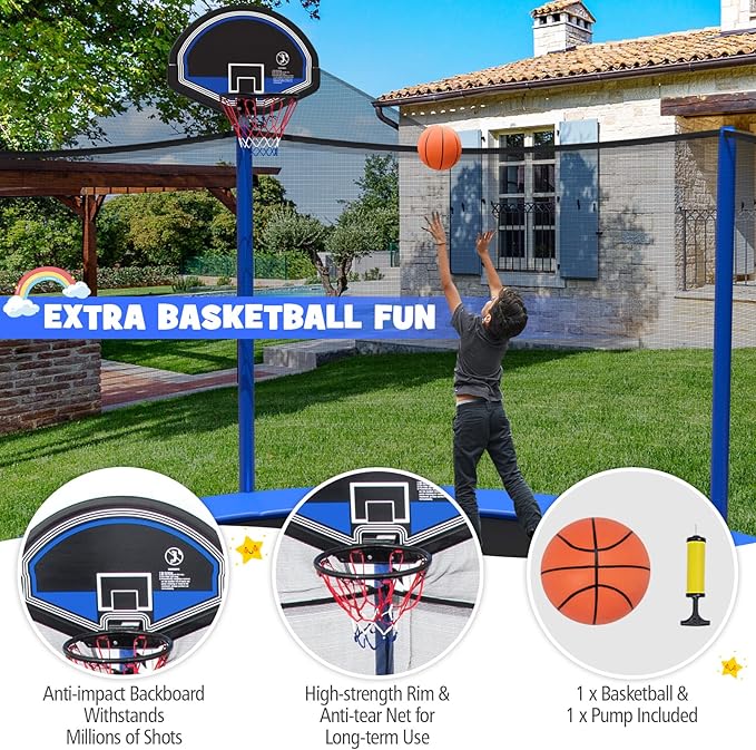GYMAX Trampoline for Kids, ASTM Approved 12FT 14FT 15FT 16FT Recreational Toddler Trampoline with Enclosure Net, Basketball Hoop, Basketball & Pump, Rebounder for Adults
