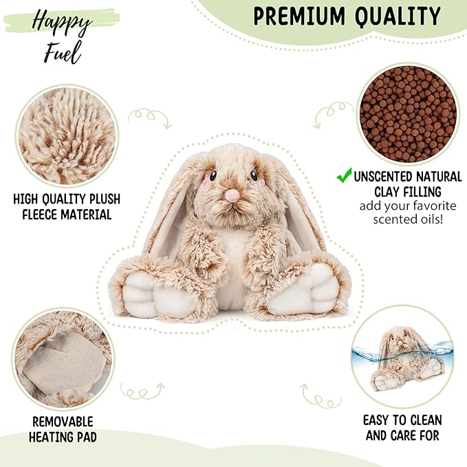 Bunny Microwavable & Weighted Stuffed Animals - 1.5 Lbs Unscented Heating Pad for Period Cramps Pain Relief and Anxiety, Cute Bunny Plush Toys Gifts for Women Girls Adults and Kids by Happy Fuel
